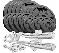 Hop-Sport Set d'Haltères en Fonte 96 kg, Deux barres courtes, Barre longue, Barre Super SZ-Curl, Disques de poids, Jeu d'haltères