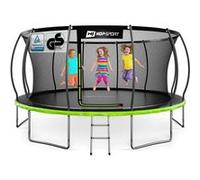 Hop-Sport Trampoline Extérieur Enfant Citrouille 488 cm, Kit Complet avec Filet de sécurité interieur, Tapis de Saut, Échelle, Capacité de Charge 150 kg, Certificats de sécurité Noir / Vert G