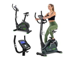 HOP-Sport® Vélo d’Appartement électromagnétique HS-120H Argo, Roue d’inertie 10 kg, Support pour Tablette, 32 Niveaux de Résistance, Guidon et Selle Réglables, Max. 120 kg, Noir/Vert