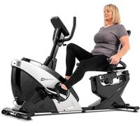 HOP-Sport® Vélo d'appartement Semi-Allongé HS-070L Helix, Bluetooth & App, 32 Niveaux de Résistance, Masse d'inertie 18,5 kg, Ordi Multifonctionnel, roulettes de Transport, Poids Max.150 kg, Argenté