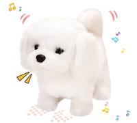 Hopearl Chien Marchant Bichon Animal de Compagnie Interactif Électronique, Peluche Chiot Woof et Mouvement, Animé Hochement Tête, Cadeau pour Enfants, Blanc, 18cm