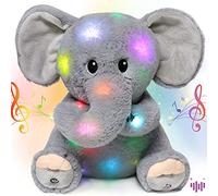 Hopearl Éléphant Musical Peluche Lumineuse LED Qui Chante Volume Réglable, Veilleuse Animée Apaisante - Cadeau Anniversaire Fête pour Enfants Filles, Gris, 27,9 cm
