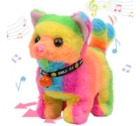 Hopearl Jouet électronique interactif en peluche pour chat marchant avec sons et mouvements animés Miaou Tête agitée Queue animée Cadeau d'anniversaire pour les tout-petits, arc-en-ciel, 17,8 cm