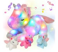 Hopearl Licorne Maman Musicale Peluche Lumineuse LED Qui Chante avec 3 Bébés Licornes dans Son Ventre Veilleuse Animée Apaisante - Cadeau Fête des Mères Filles, Arc-en-Ciel, 48cm