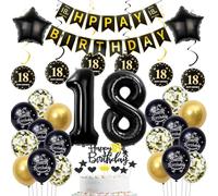 Hopewey - Décoration Anniversaire 18 Ans Noir et Or : 42 Pièces, Ballons, Drapeaux, Confettis, Décoration Gâteau, Unisex-Jeunes Adultes