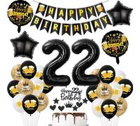 Hopewey Décoration Anniversaire 22 Ans Homme Femme Noir Or : Bannière 'HAPPY BIRTHDAY', Ballons Étoiles, Ronds, 22, Beer Noir, Blanc, Or Pâle, Décoration Gâteau 22 Ans