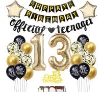 Hopewey Décoration officielle du 13e anniversaire pour adolescent garçon fille - Ballon 13 ans noir et doré - Kit de décoration complet avec ballons, bannières, accessoires de gâteau et rubans