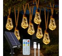 Hopexy Lampes solaires d'extérieur de jardin - 20 ampoules S17 - 10 m - Corde de chanvre avec télécommande, USB et énergie solaire - Incassable - Étanche - 8 modes - Guirlande lumineuse féérique pour