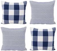 HOPLEE Lot de 4 housses de coussin de style rustique à carreaux de buffle et à rayures 55,9 x 55,9 cm, bleu marine