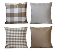 HOPLEE Lot de 4 housses de coussin de style rustique avec carreaux de buffle - Beige uni - Rayures et vichy - 40,6 x 40,6 cm