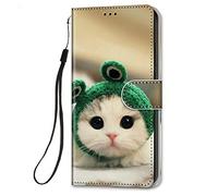 HopMore Coque en Cuir Samsung Galaxy A21S Etui à Rabat Motif Animal Fleur Housse Silicone, Coque Samsung A21S Portefeuille Antichoc Leather Wallet Case Card Slot Protection - Chat Grenouille
