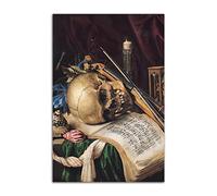 HOPNRU Nature morte squelette feuille instruments de musique peinture à l'huile affiche médiévale Renaissance mur Art photo impression toile peinture affiche décorative (30x45cm-Sans cadre)