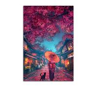 HOPNRU Rue Geisha fille et chien mur Art photo japonais feuille rouge vue de la rue affiche impression toile peinture moderne maison chambre salle de bain décor (30x45cm-Sans cadre)