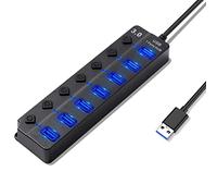 Hoppac Hub 7 en 1 Multiprise avec USB 3.0 Et 2.0, Port Multiple pour PC, Transfert De Données Et Recharge, Interrupteur Et Lumière LED, 1M