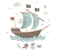 Hoppla Sticker Mural Géant Chambre Enfant - "Le Bateau Pirate & Ses Amis" - 90x80 cm - Décoration Murale Aquarelle XL Garçon & Salle de Jeu - Autocollant Repositionnable