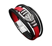 HOPWODE Bracelets Cuir Homme,Bracelet en Cuir Noir Rouge pour Homme, Bracelet Personnalisé avec Symbole de Paix, Bracelet en Cuir Tressé Multicouche, Bracelet Manchette Réglable, Cadeau pour Papa