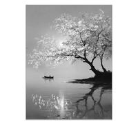 HOQIU affiche noir et blanc Arbres en fleurs au bord du lac décoration maison, tableau toile decoration murale, Chambre Salle De Bain Cuisine Bureau(noir et blanc)-60x80cm Sans cadre