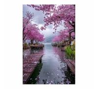 HOQIU Impression sur toile Quai des Blossoms au bord du lac impression sur toile, affiche decoration murale, Pour la maison, le bureau, la chambre.(Multicolore)-80x120cm Sans cadre