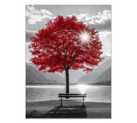 HOQIU Photo Noir Et Blanc, Chaises sous l'arbre au bord de la rivière toile murale decoration, affiche, Salon Chambre Maison Décorations - 30x40cm Sans cadre(rouge)