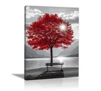 HOQIU Photo Noir Et Blanc, Chaises sous l'arbre au bord de la rivière toile murale decoration, affiche, Salon Chambre Maison Décorations - 40x60cm Encadrée(rouge)