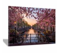 HOQIU Poster paysage Canal des cerises d’Amsterdam tableaux, posters et arts décoratifs, tableau Cuisine Bureau decoration murale salon.(Multicolore)-70x100cm Encadrée