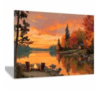 HOQIU Tableau decoration murale Feu de camp du lac Sunset toile decoration murale, posters et arts décoratifs, auf Leinwand Wandbilder Wohnzimmer Schlafzimmer Wanddeko(Multicolore)-40x60cm Encadrée