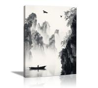HOQIU Tableau Noir Et Blanc Art Abstrait, Peinture paysage de montagne en noir et blanc affiche decoration murale, Convient pour le salon, la chambre, etc. - 70x100cm Encadrée(gris)