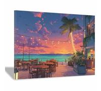 HOQIU Tableau paysage Côté plages Sunset Cafe tableaux, posters et arts décoratifs, tableau Cuisine Bureau decoration murale salon.(Multicolore)-20x30cm Encadrée