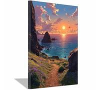 HOQIU Tableau paysage Côtes florales au coucher du soleil impression sur toile, affiche decoration murale, Pour la maison, le bureau, la chambre.(Multicolore)-40x60cm Encadrée