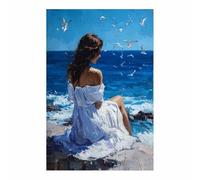 HOQIU Tableau paysage Femme au bord de la mer tableaux, posters et arts décoratifs, tableau Cuisine Bureau decoration murale salon.(Multicolore)-70x100cm Sans cadre