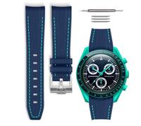 HORACE Bracelet de montre caoutchouc compatible avec Omega x Swatch MoonSwatch 20mm (Bleu/Couture cyan - Argent)