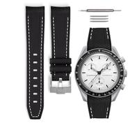 HORACE Bracelet de montre caoutchouc compatible avec Omega x Swatch MoonSwatch 20mm (Noir/Couture Blanche - Argent)