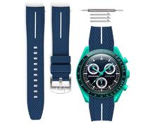 HORACE Bracelet de montre caoutchouc universel à dégagement rapide compatible avec Omega x Swatch MoonSwatch 20mm (Bleu - Ligne blanche - Argent)