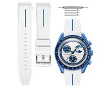 HORACE Bracelet de montre caoutchouc universel à dégagement rapide compatible avec Omega x Swatch MoonSwatch 20mm (Blanc - Ligne bleue - Argent)