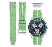 HORACE Bracelet de montre caoutchouc universel à dégagement rapide compatible avec Omega x Swatch MoonSwatch 20mm (Vert Menthe - Ligne blanche - Argent)
