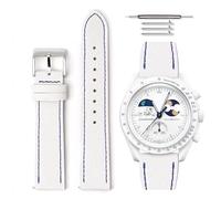 HORACE Bracelet de montre en cuir grainé à dégagement rapide universel compatible avec Omega x Swatch MoonSwatch 20mm (Blanc - Bleu)