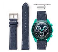 HORACE Bracelet de montre en cuir grainé à dégagement rapide universel compatible avec Omega x Swatch MoonSwatch 20mm (Bleu marine - Blanc)
