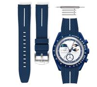 HORACE Bracelet de montre universel 20 mm en silicone LSR à dégagement rapide - Texture premium avec ligne colorée - Compatible Omega x Swatch MoonSwatch (Bleu - Ligne blanche - Argent)