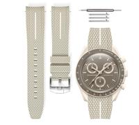 HORACE Bracelet de montre universel 20 mm en silicone LSR à dégagement rapide - Texture premium avec ligne colorée - Compatible Omega x Swatch MoonSwatch (Beige - Ligne blanche - Argent)