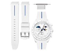 HORACE Bracelet de montre universel 20 mm en silicone LSR à dégagement rapide - Texture premium avec ligne colorée - Compatible Omega x Swatch MoonSwatch (Blanc - Ligne bleue - Argent)