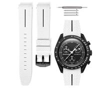 HORACE Bracelet de montre universel 20 mm en silicone LSR à dégagement rapide - Texture premium avec ligne colorée - Compatible Omega x Swatch MoonSwatch (Blanc - Ligne noire - Noir)