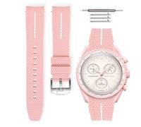 HORACE Bracelet de montre universel 20 mm en silicone LSR à dégagement rapide - Texture premium avec ligne colorée - Compatible Omega x Swatch MoonSwatch (Rose - Ligne blanche - Argent)