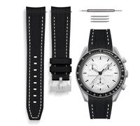 HORACE Bracelet de montre universel en silicone liquide 20mm - Compatible Omega x Swatch MoonSwatch - Kit de montage inclus (Noir/Couture Blanche - Argent)