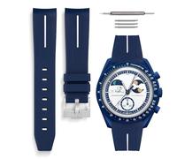 HORACE Bracelet de montre universel en silicone liquide 20mm - Compatible Omega x Swatch MoonSwatch - Kit de montage inclus (Bleu/Ligne Blanche - Argent)