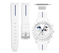 HORACE Bracelet de montre universel en silicone liquide 20mm - Compatible Omega x Swatch MoonSwatch - Kit de montage inclus (Blanc/Ligne Bleue - Argent)