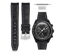 HORACE Bracelet de montre universel en silicone liquide 20mm - Compatible Omega x Swatch MoonSwatch - Kit de montage inclus (Noir Croco/Couture Blanche-Argent)