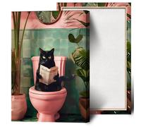horakey Poster amusant avec chat noir utilisant des toilettes - Décoration murale encadrée - Motif chat mignon lisant un journal - Art botanique rose - Pour salon, chambre à coucher, toilettes - 20,3