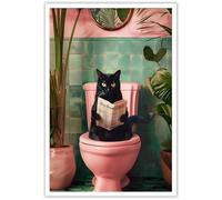 horakey Poster amusant avec chat noir utilisant des toilettes - Motif chat mignon lisant un journal - Art botanique rose - Peinture pour salon, chambre à coucher, toilettes - 30,5 x 40,6 cm - Sans