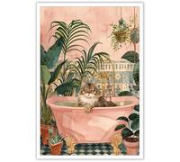 horakey Poster amusant de chat utilisant la baignoire, chat mignon sous la douche, art botanique, pot de fleurs, peinture rose, pour salon, chambre à coucher, toilettes, décoration murale 30,5 x 40,6