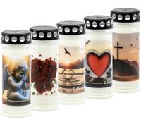 Horeca Candles - Bougies Funéraires avec Couvercle - Durée 7 Jours - Lot de 5 Bougies pour Cimetière - Cire Blanche - Bougies pour Tombe avec Motifs